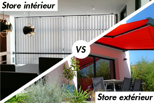 Un visuel qui montre un store intérieur : store à bande verticale et un store extérieur : store banne.